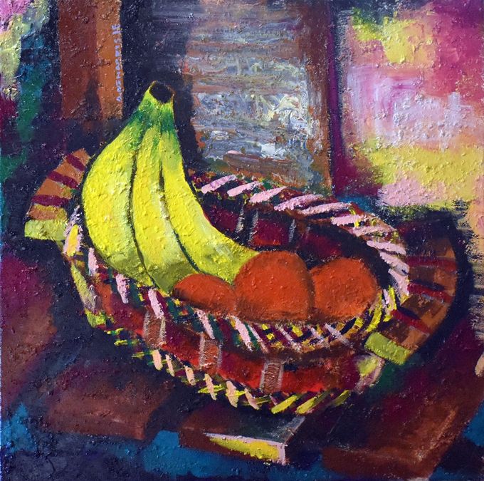 Cesto con arance e banane, 2018. Acrilico su tela 50x50